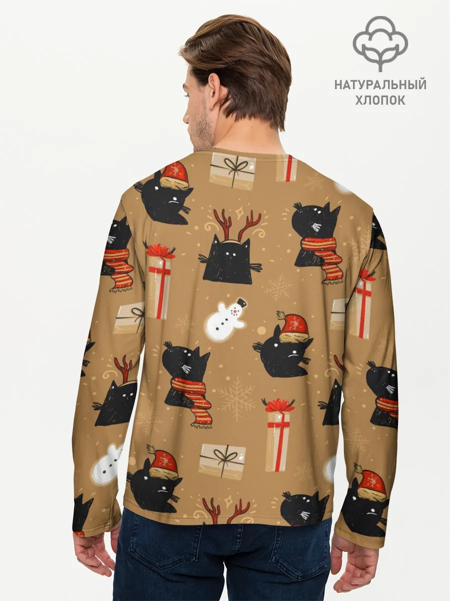 Мужской лонгслив базовый / Черные новогодние коты