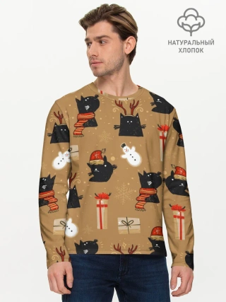 Мужской лонгслив базовый / Черные новогодние коты