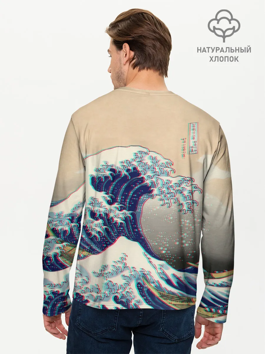 Мужской лонгслив базовый / Kanagawa Wave Glitch Art