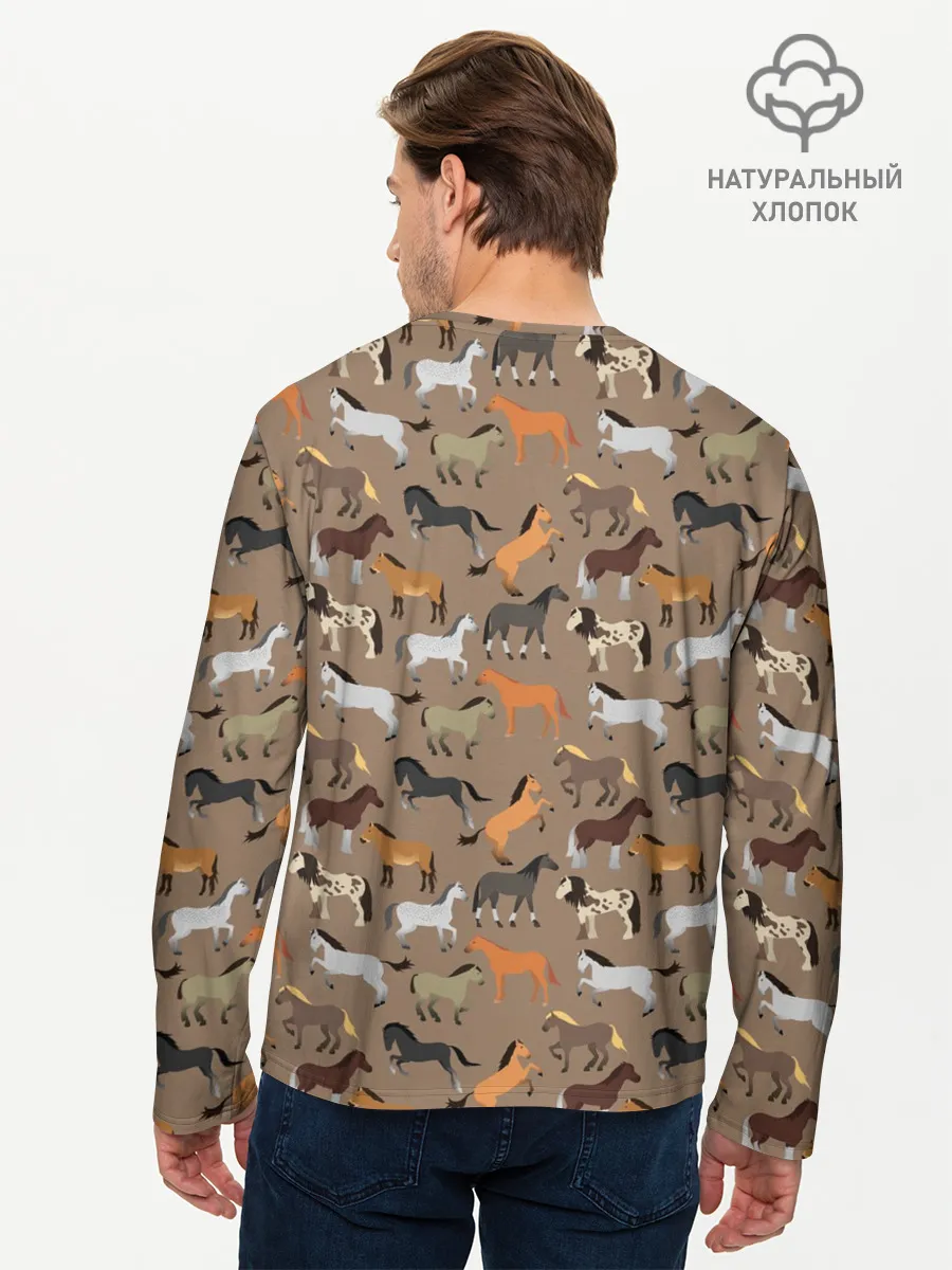 Мужской лонгслив базовый / кони-лошади