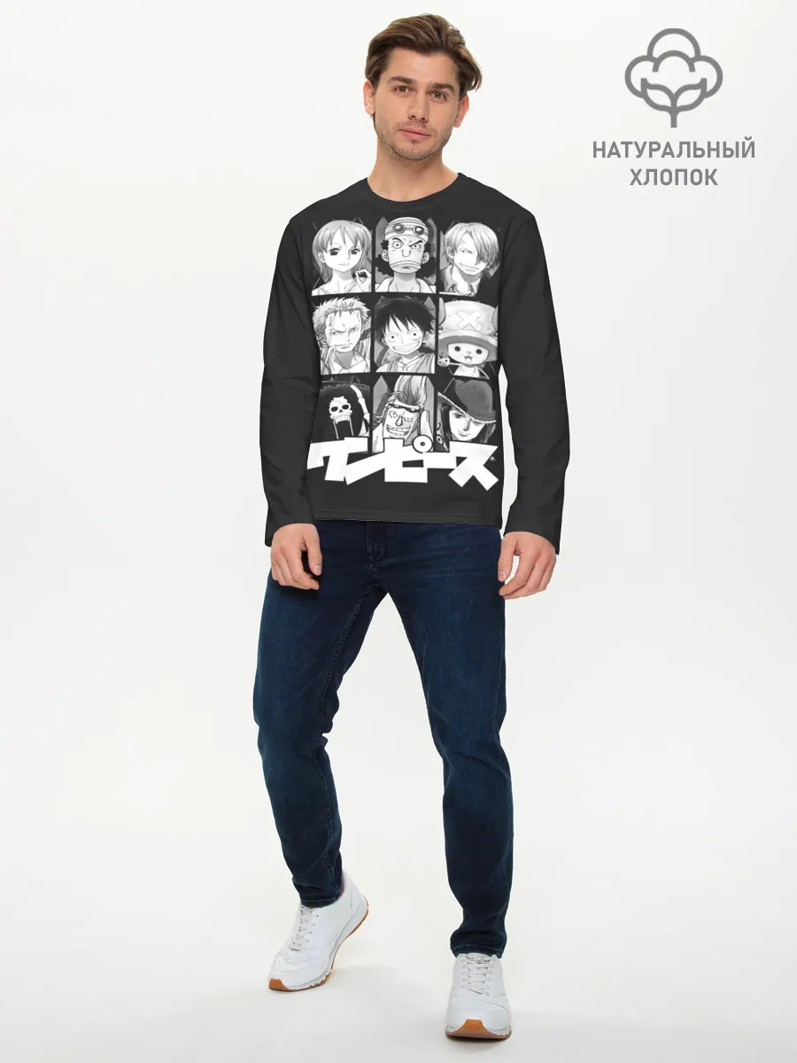 Мужской лонгслив базовый / иероглифы One Piece