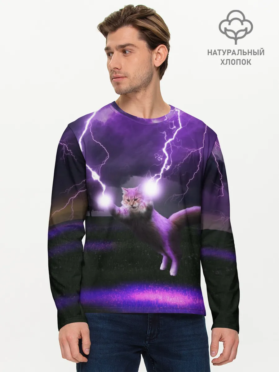 Мужской лонгслив базовый / Кот и Молнии