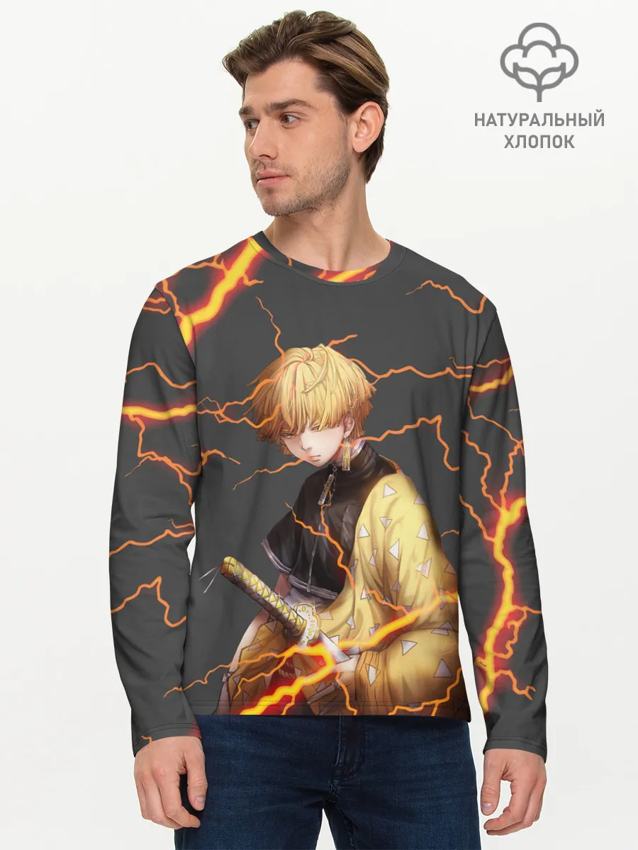 Мужской лонгслив базовый / KIMETSU NO YAIBA оранжевые молнии