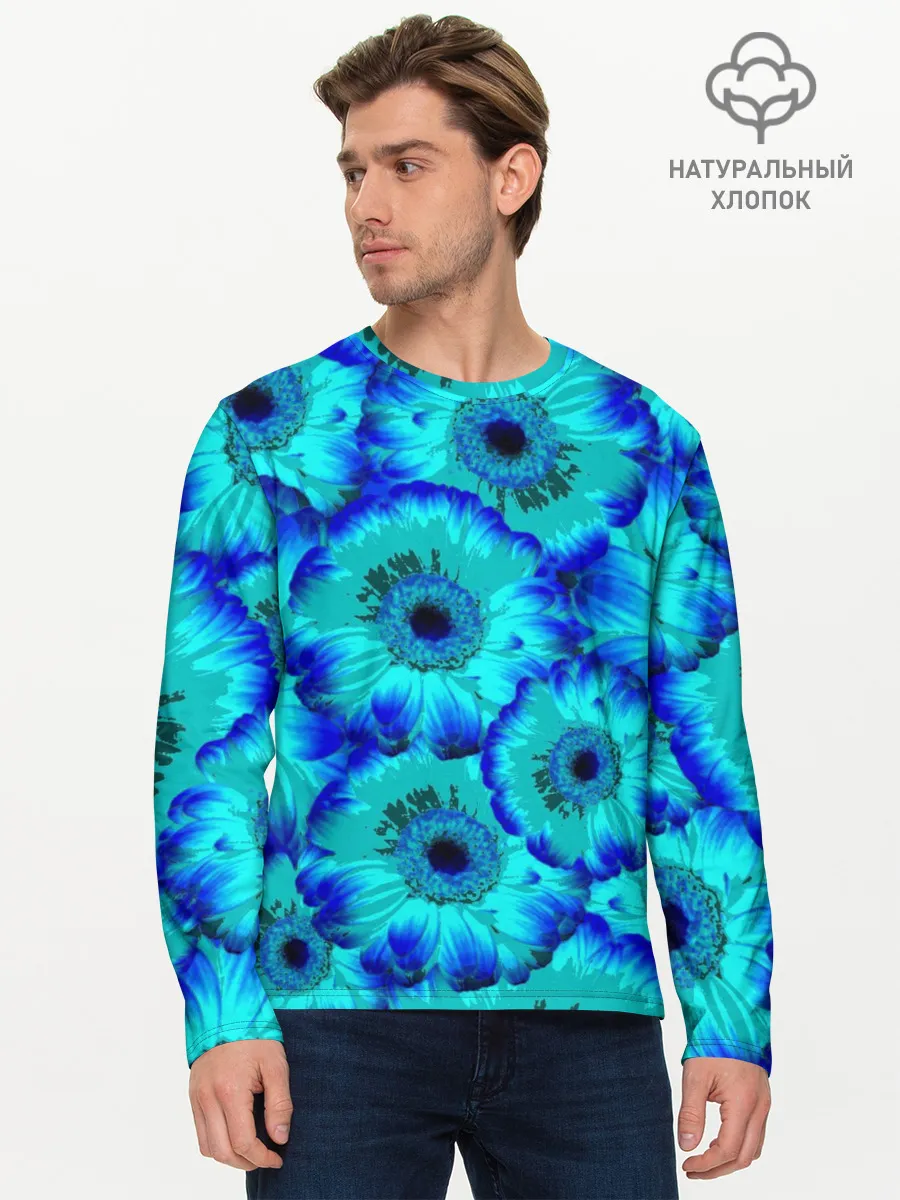 Мужской лонгслив базовый / Голубые хризантемы