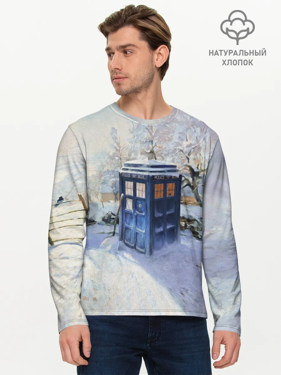 Мужской лонгслив базовый / ТАРДИС В СНЕГУ