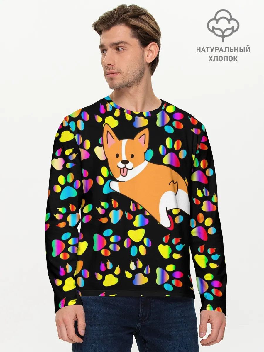 Мужской лонгслив базовый / Корги | Цветные лапки