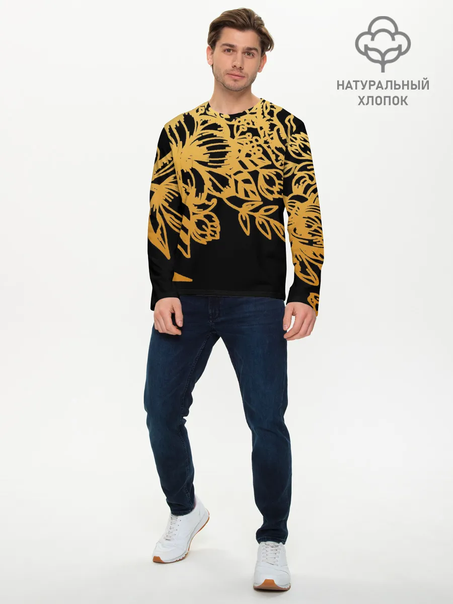 Мужской лонгслив базовый / Золотые цветы на белом