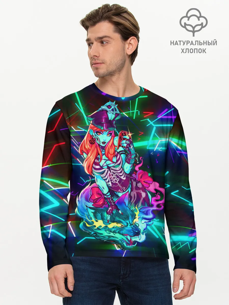 Мужской лонгслив базовый / Неоновая ведьма с волком