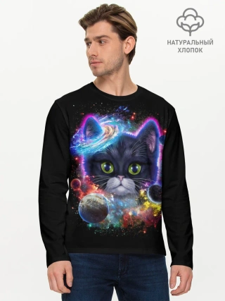 Мужской лонгслив базовый / Космический котик и планеты