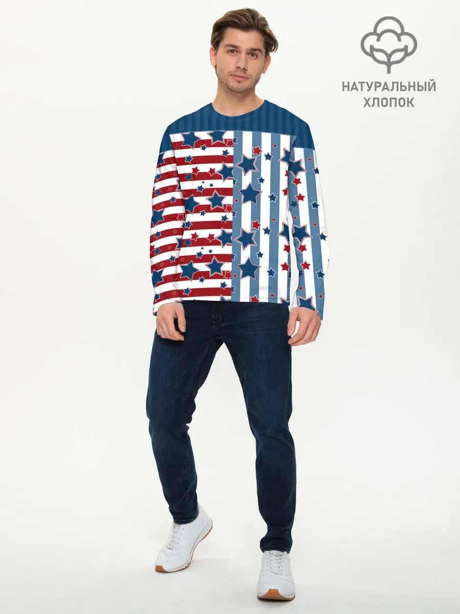 Мужской лонгслив базовый / Голубые звезды на полосатом