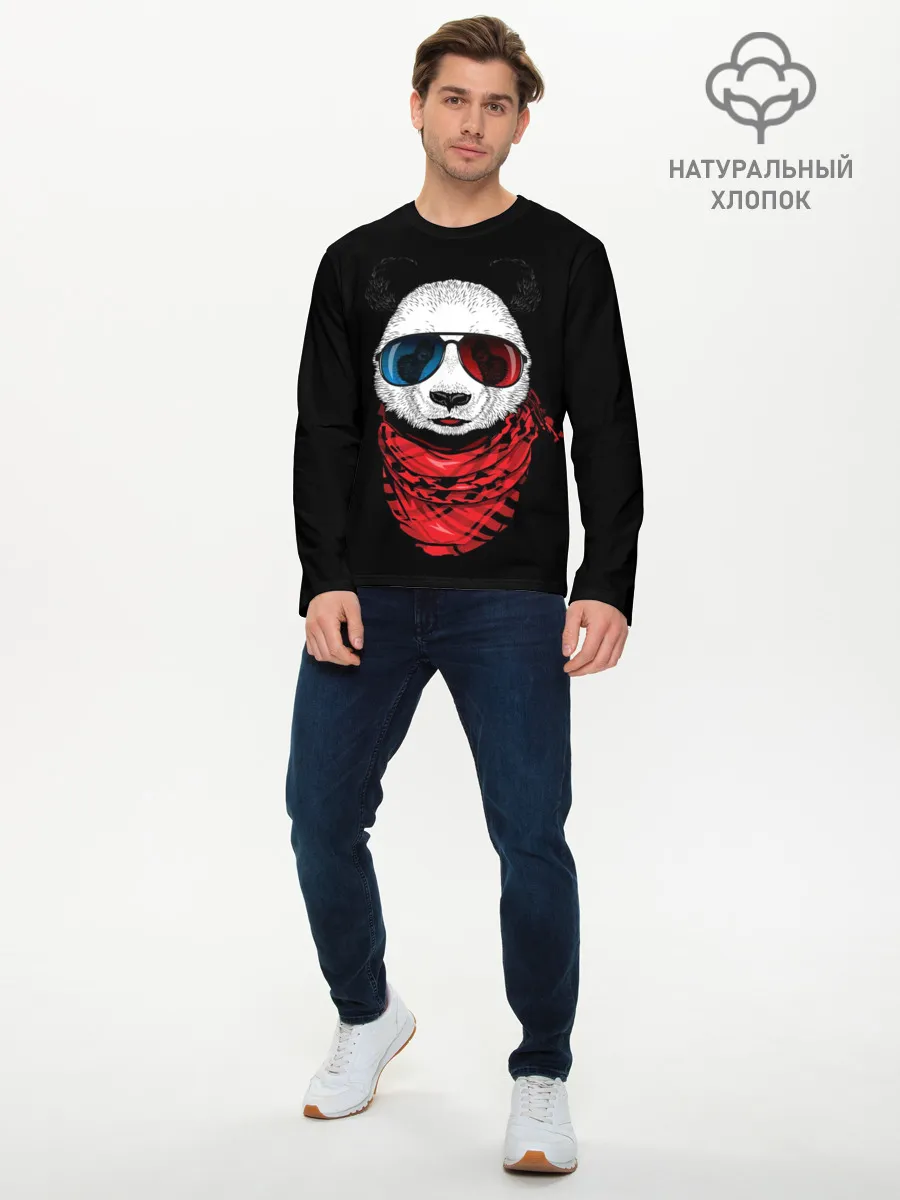 Мужской лонгслив базовый / Панда Хипстер в Очках