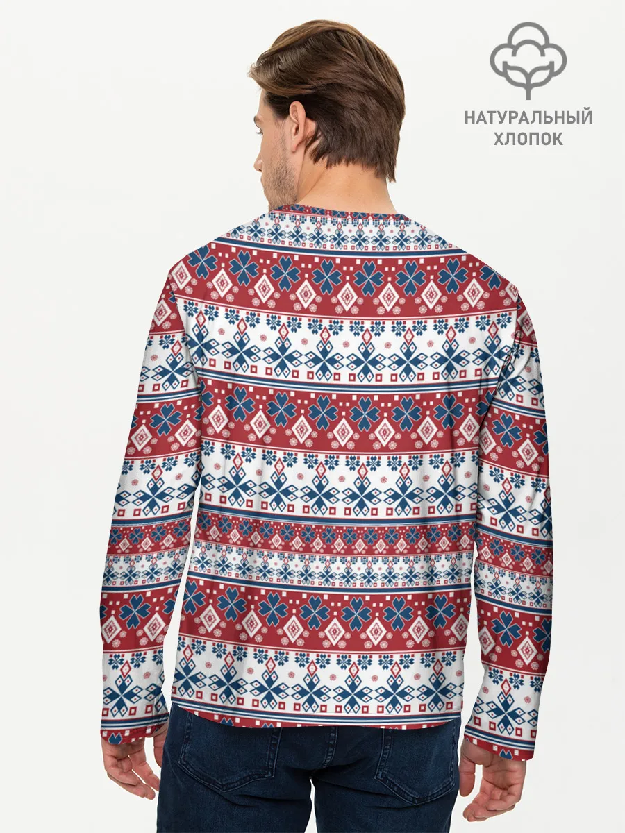 Мужской лонгслив базовый / Этнический красно-синий узор