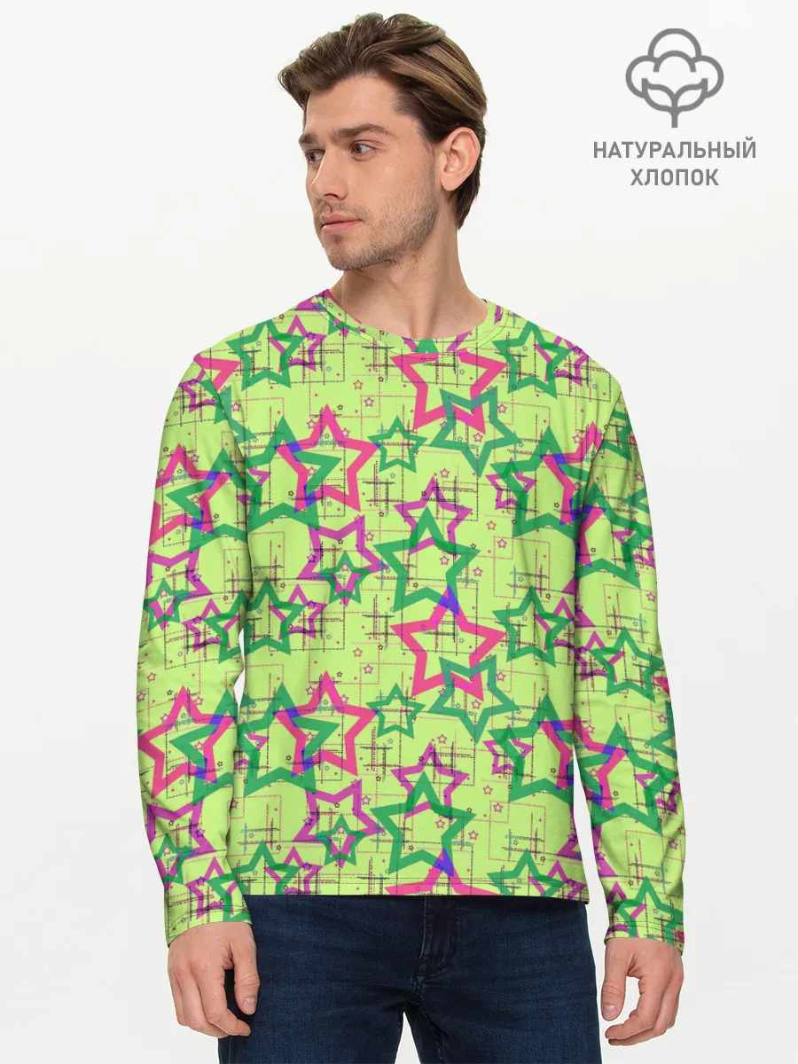 Мужской лонгслив базовый / Зеленый узор Звезды