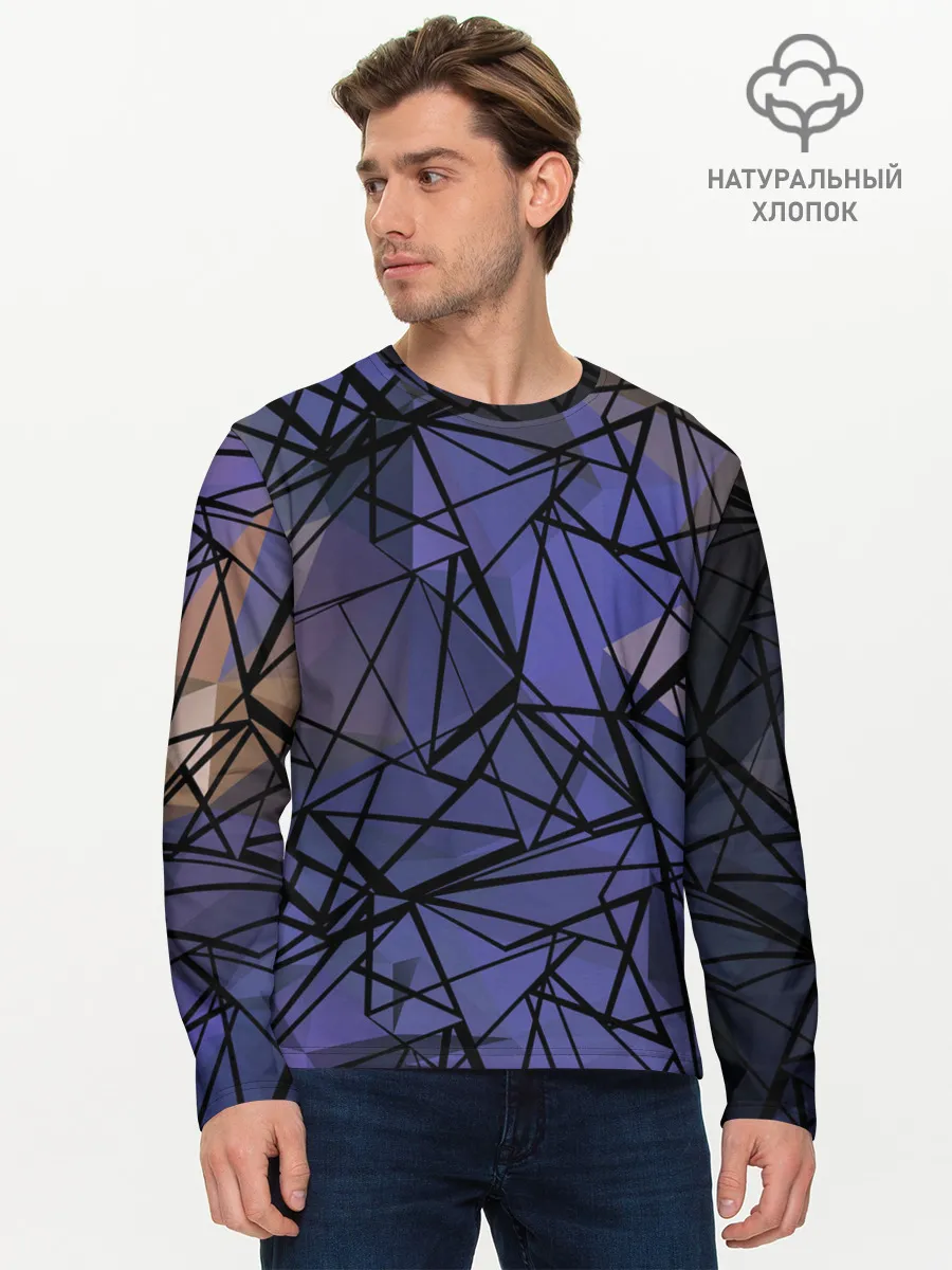 Мужской лонгслив базовый / Синий-бежевый абстрактный узор