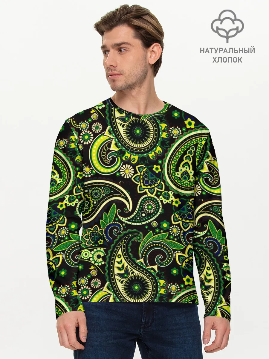Мужской лонгслив базовый / Ярко зеленые славянские узоры