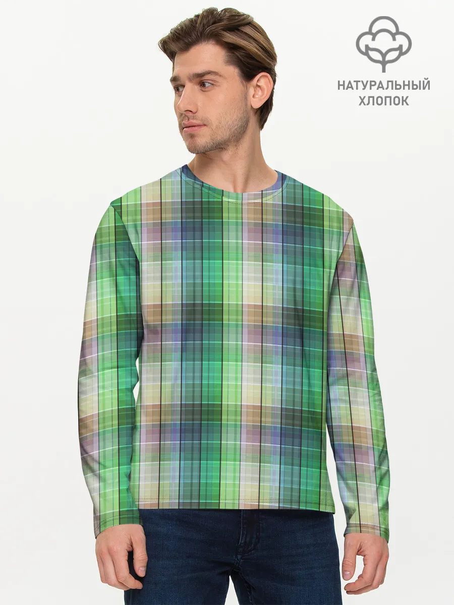 Мужской лонгслив базовый / Зеленый клетчатый узор