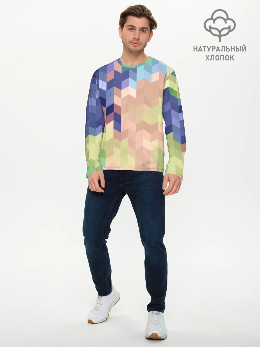 Мужской лонгслив базовый / Абстрактный бежево-синий узор