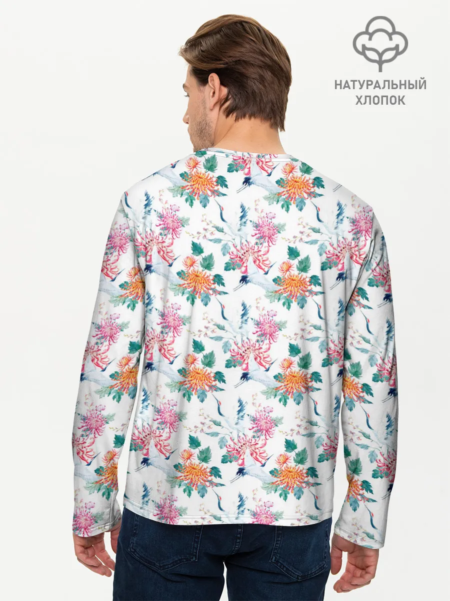 Мужской лонгслив базовый / Журавли и хризантемы