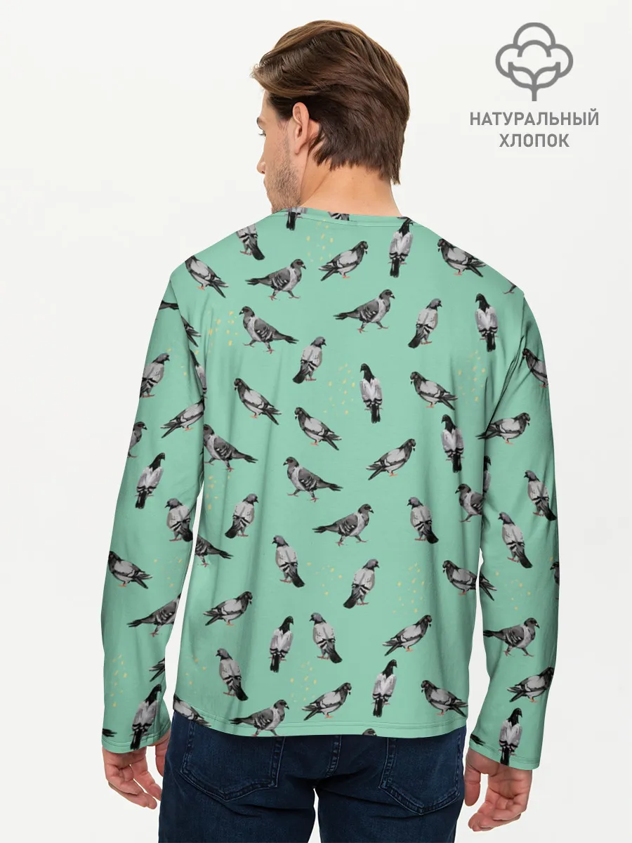 Мужской лонгслив базовый / Голуби на зеленом