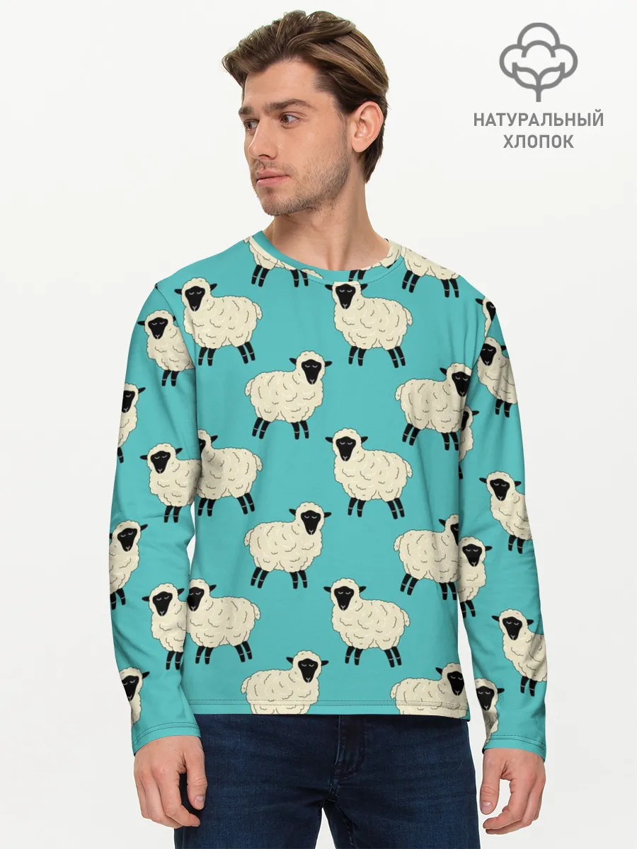 Мужской лонгслив базовый / Овечки паттерн на бирюзовом