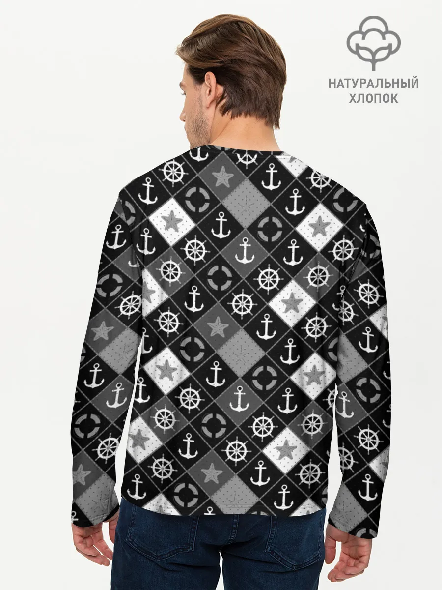 Мужской лонгслив базовый / Черно-белый морской плед