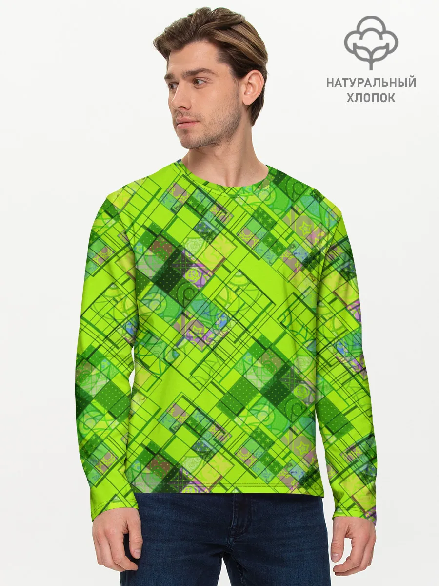 Мужской лонгслив базовый / Ярко-зеленый абстрактный узор