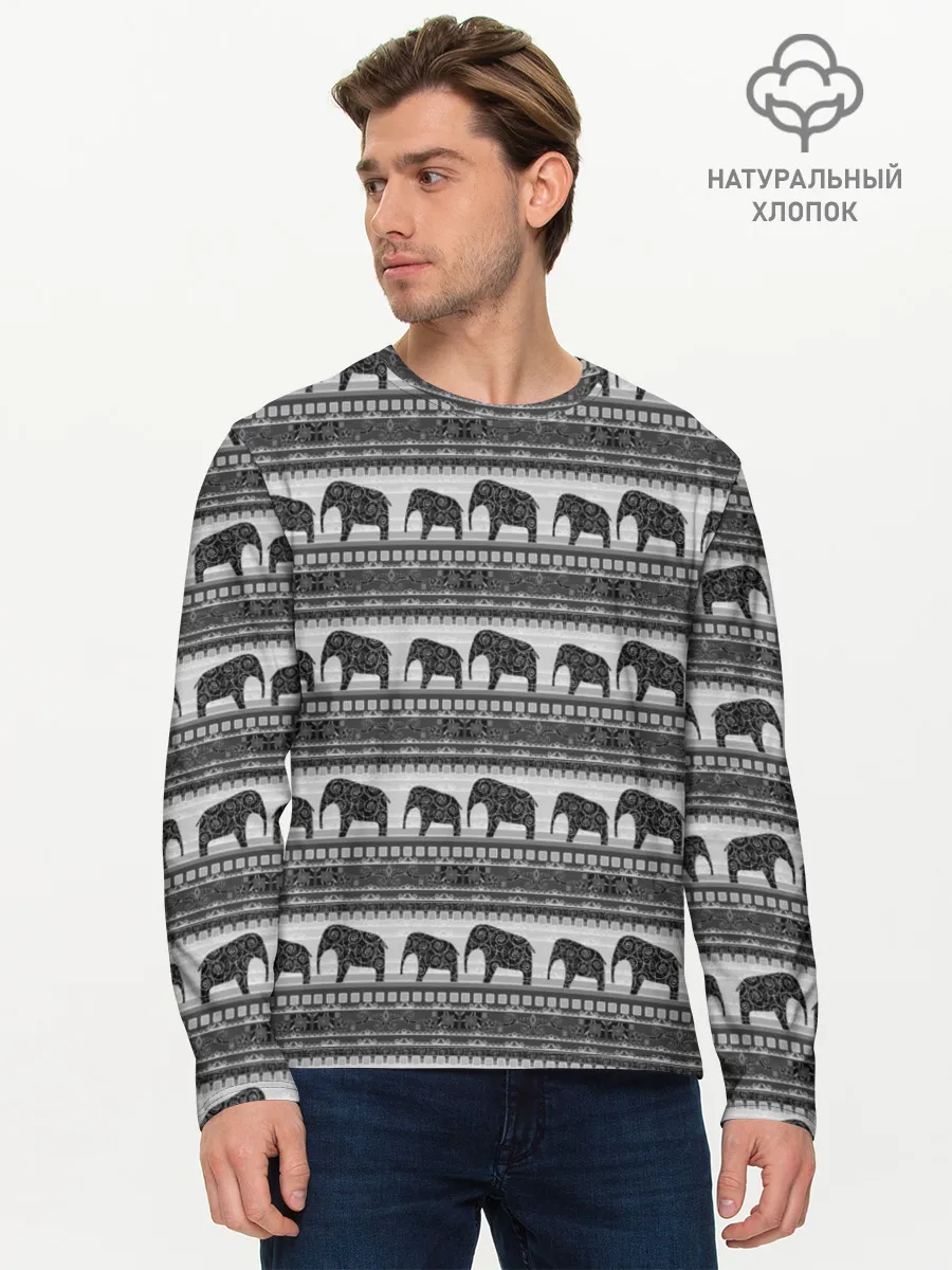 Мужской лонгслив базовый / Черно-белый узор слоны