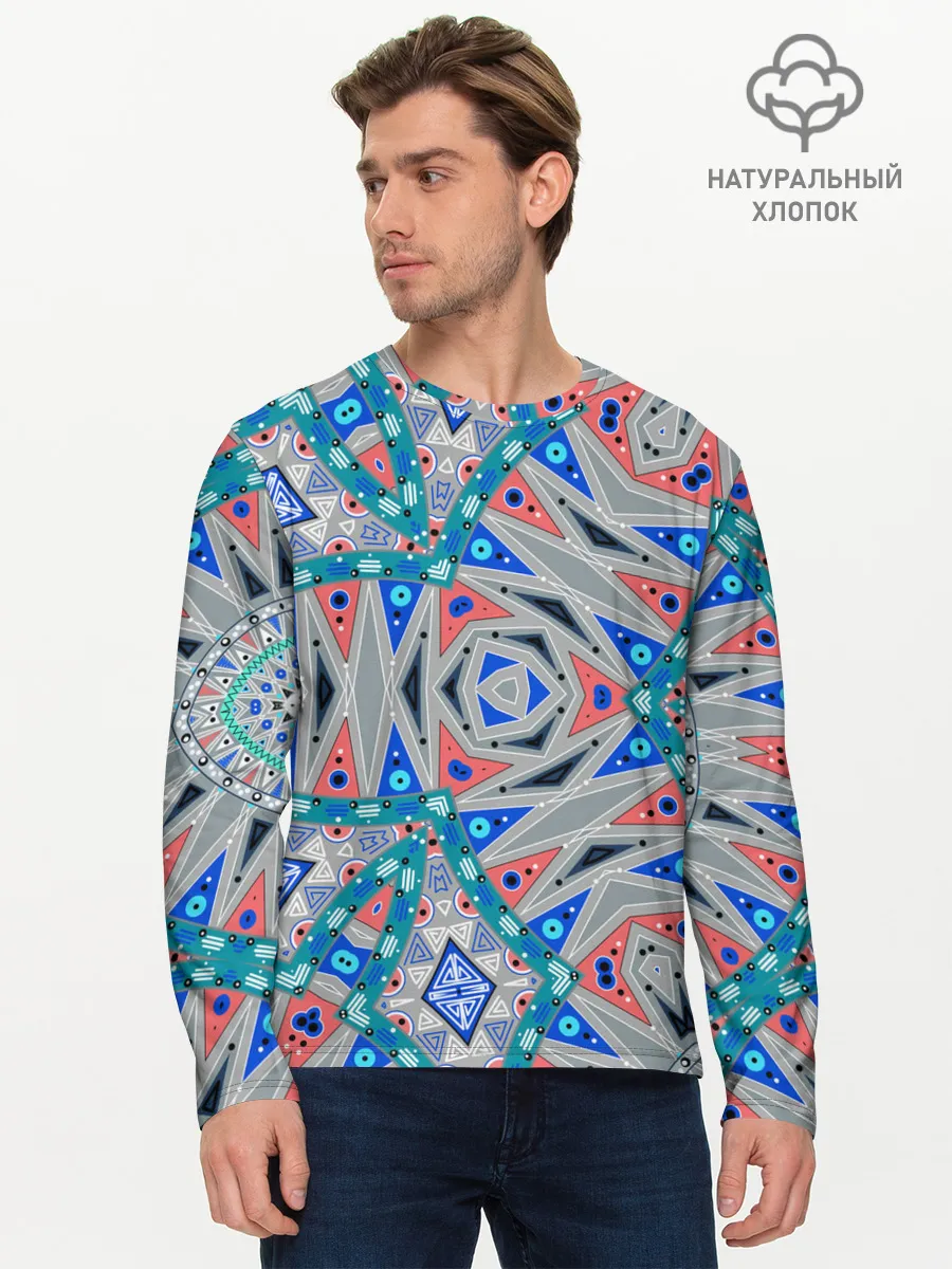 Мужской лонгслив базовый / Серо-синий абстрактный узор