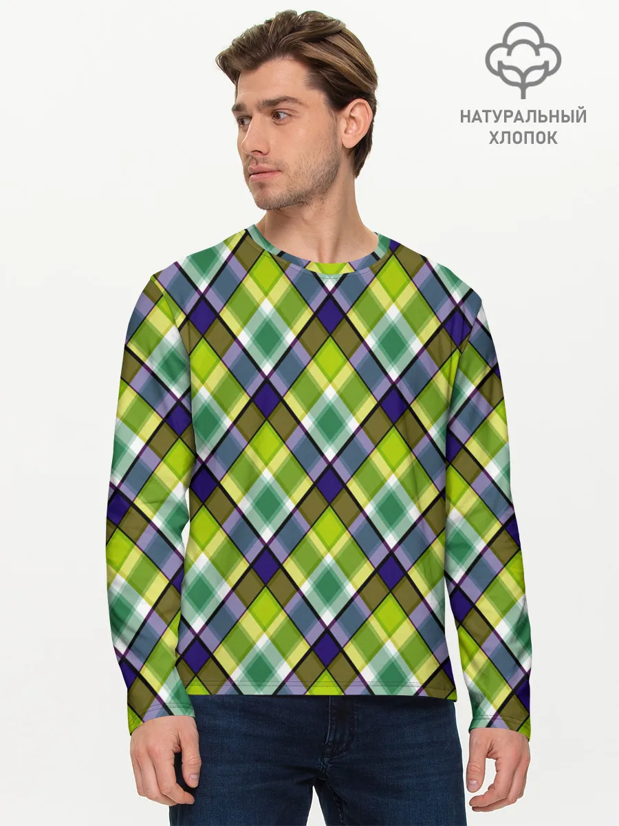 Мужской лонгслив базовый / Крупный клетчатый косой узор