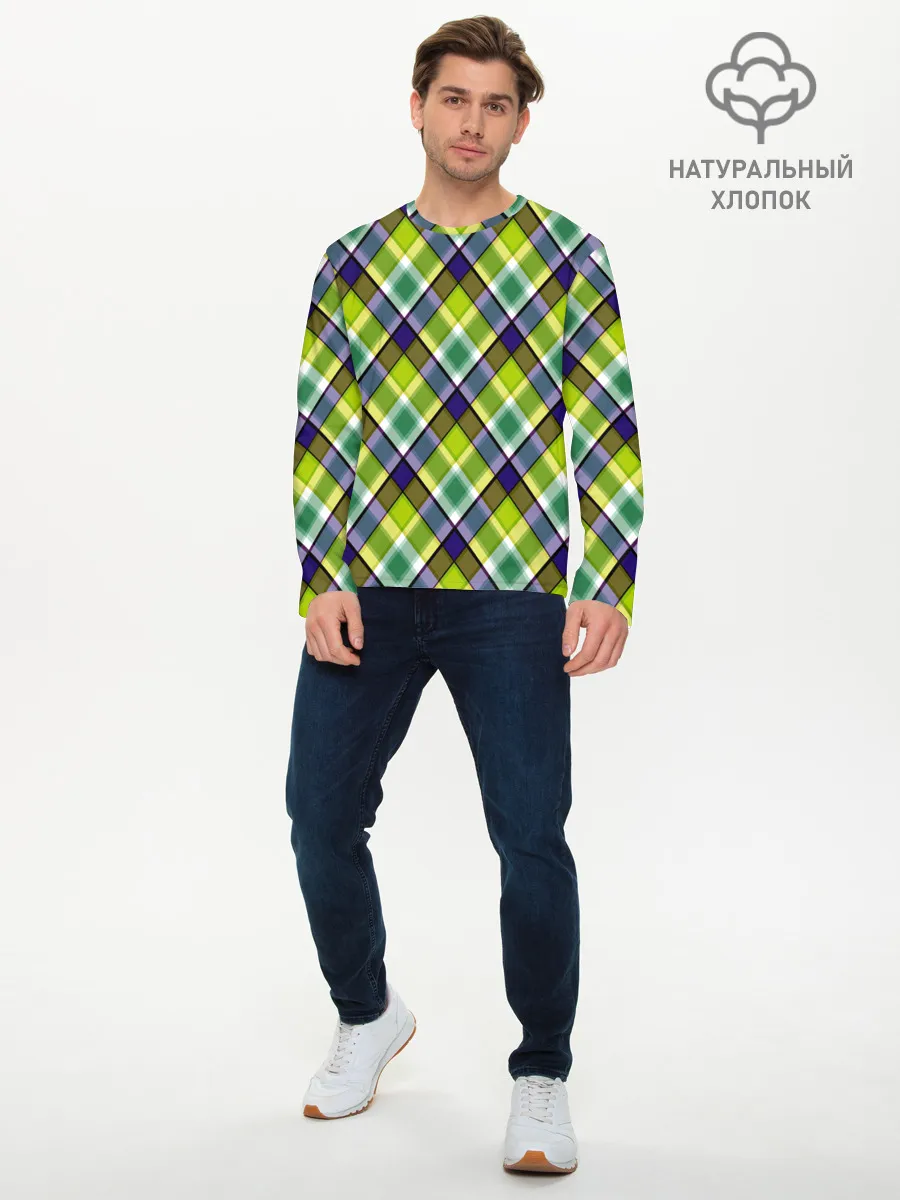 Мужской лонгслив базовый / Крупный клетчатый косой узор