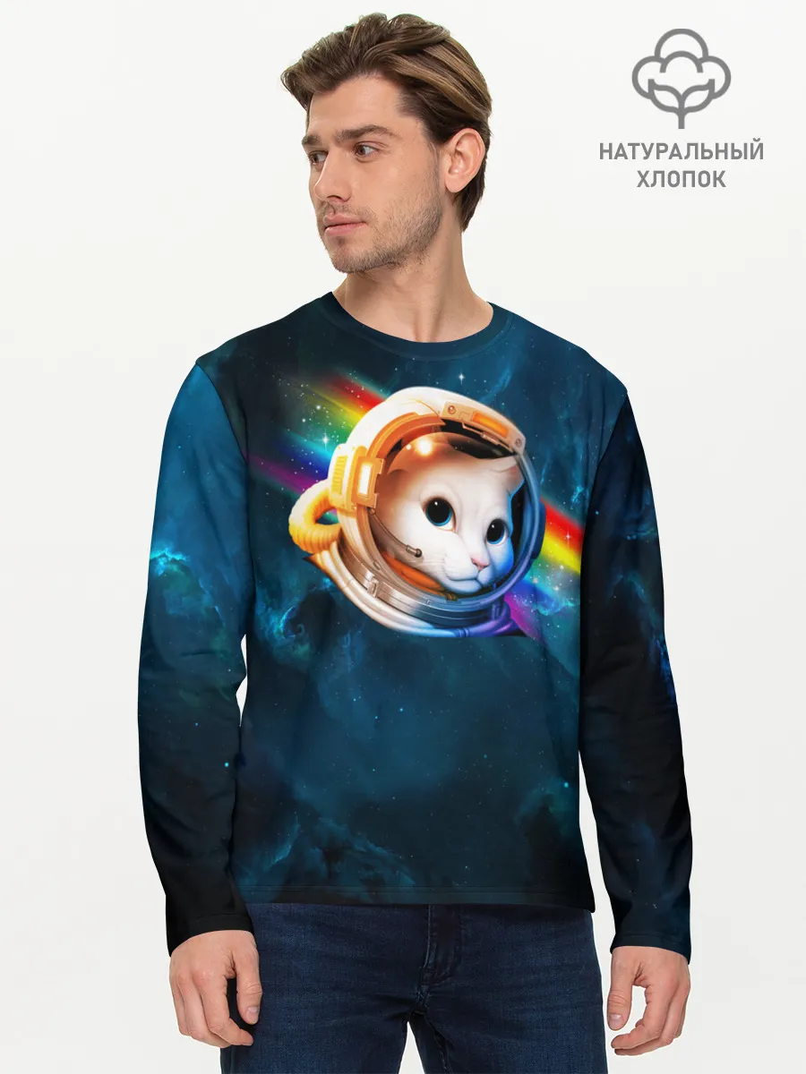 Мужской лонгслив базовый / Котик Космонавт
