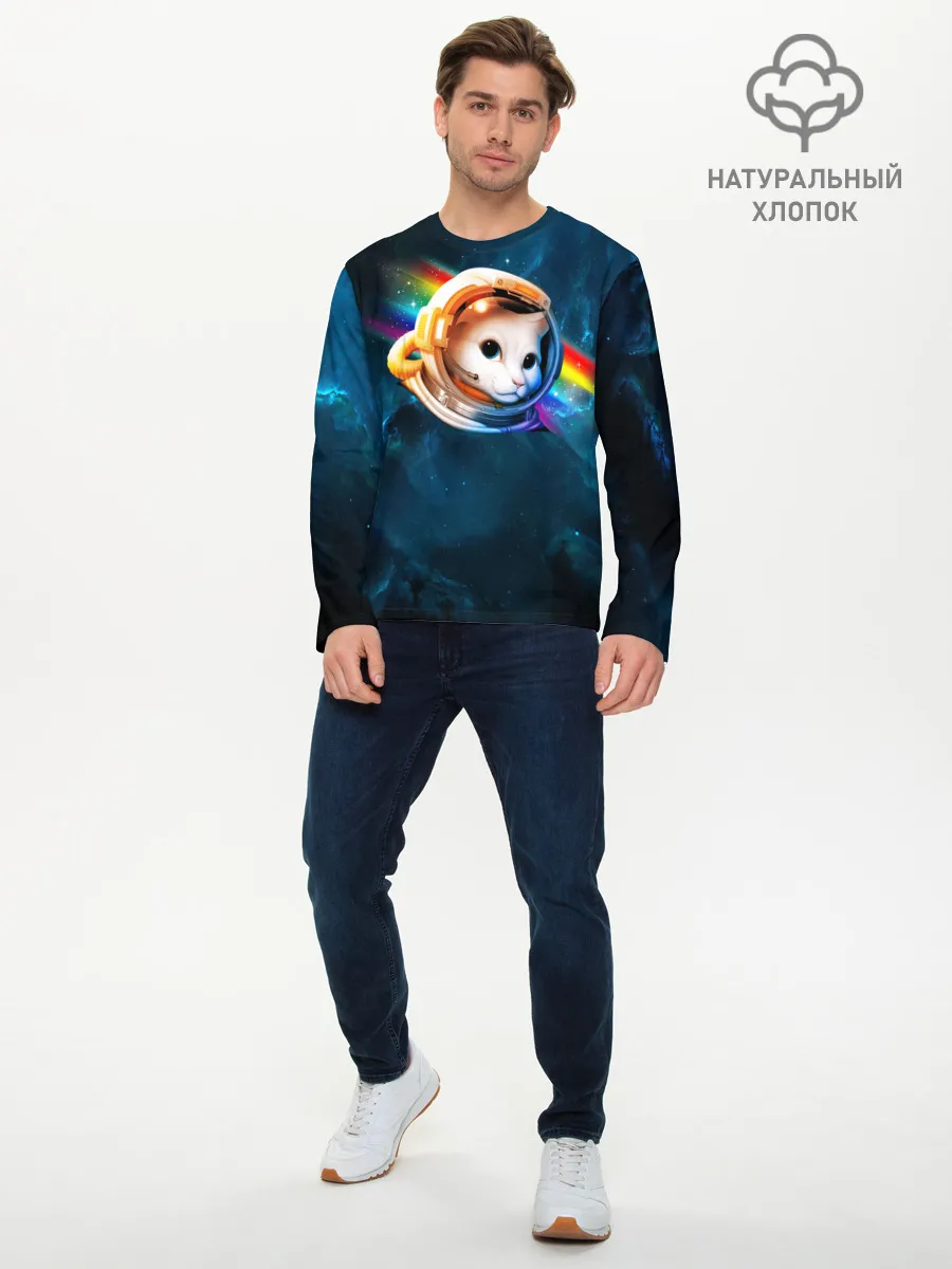 Мужской лонгслив базовый / Котик Космонавт