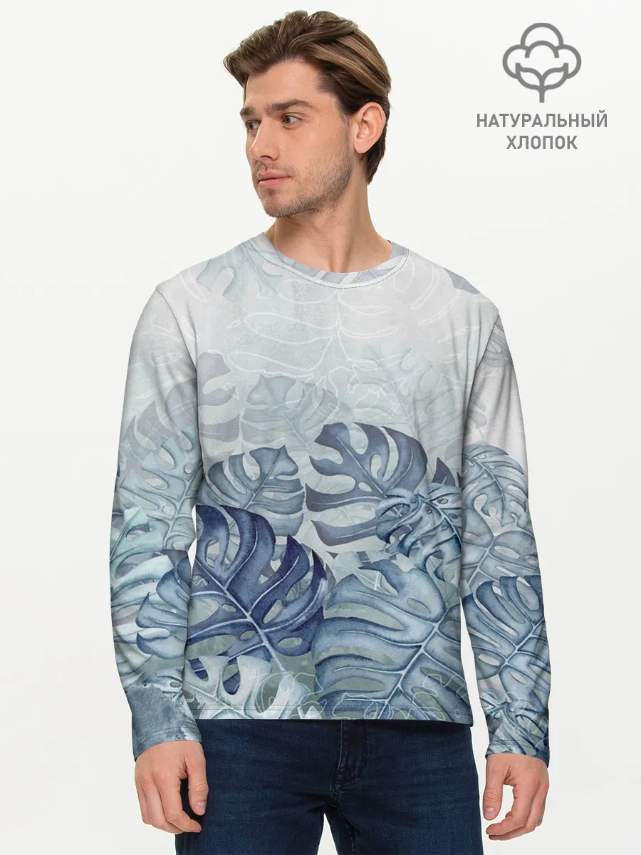 Мужской лонгслив базовый / Синие листья