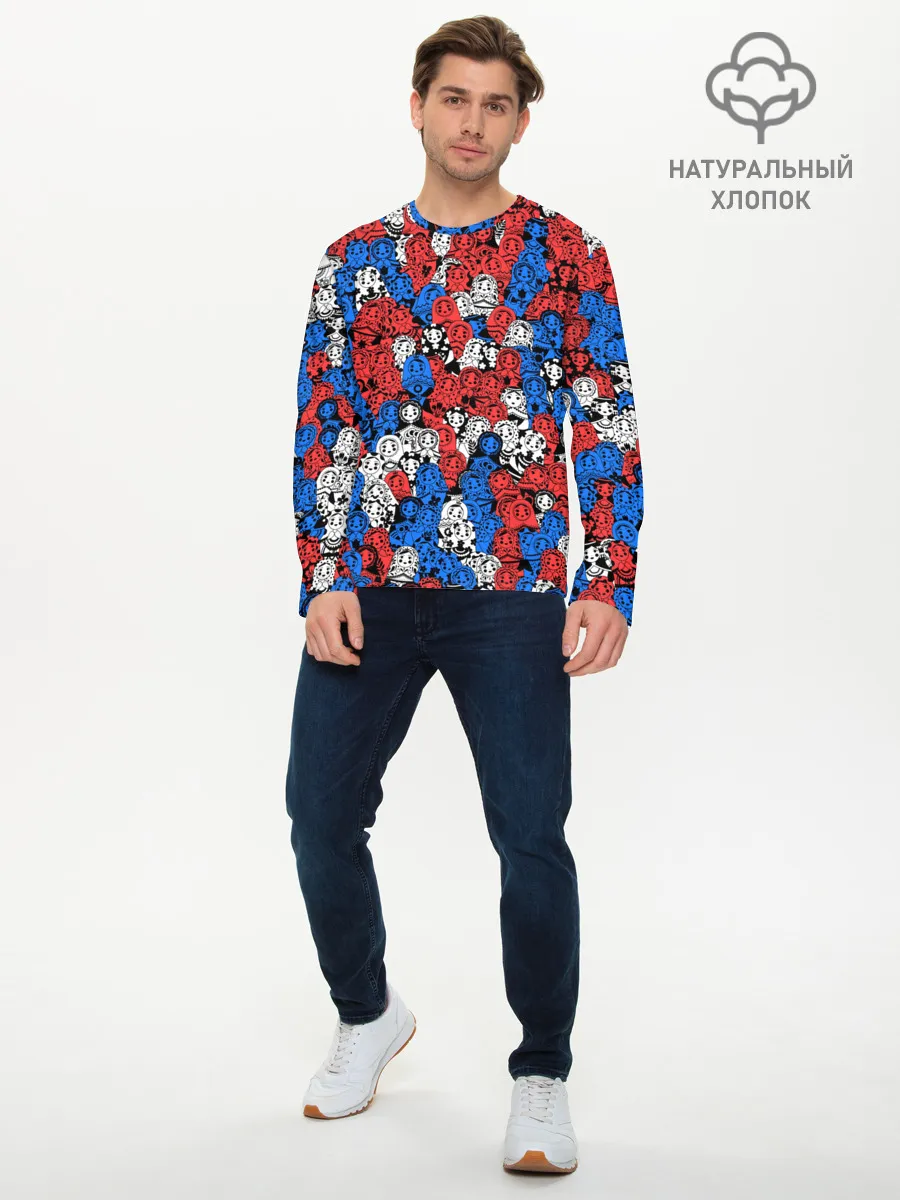 Мужской лонгслив базовый / Бело-сине-красные матрёшки