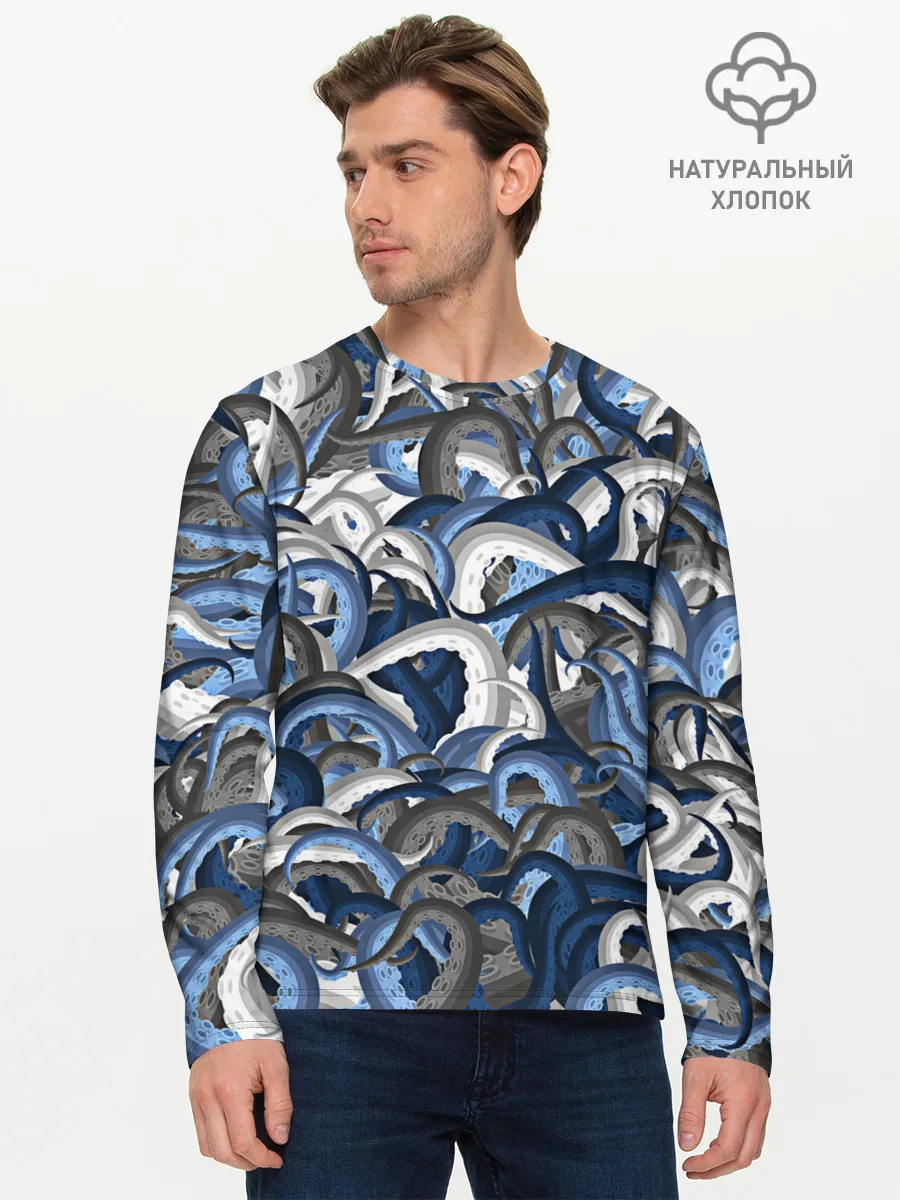 Мужской лонгслив базовый / Синий камуфляж с щупальцами