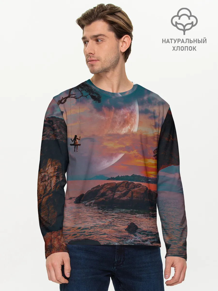 Мужской лонгслив базовый / закат на качелях
