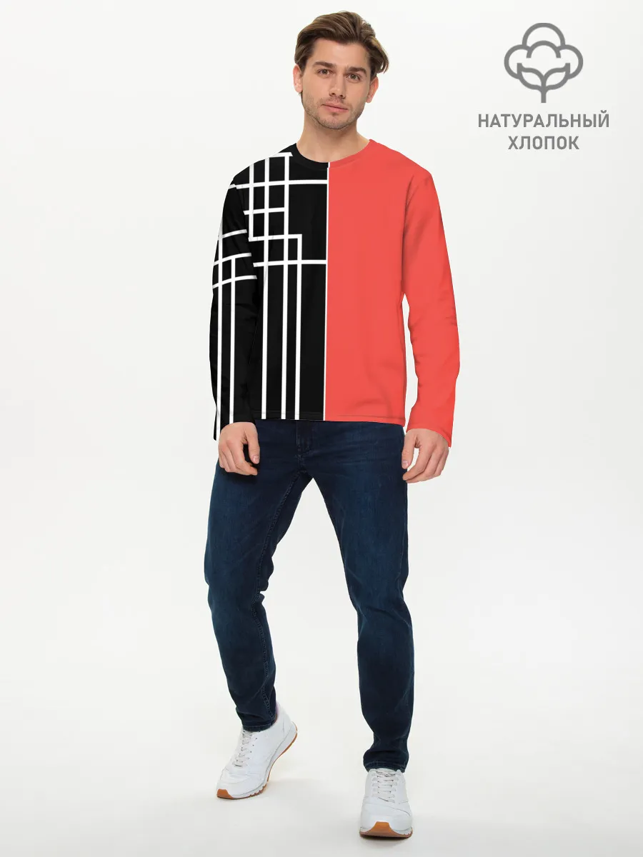 Мужской лонгслив базовый / Черный и коралловый арт деко