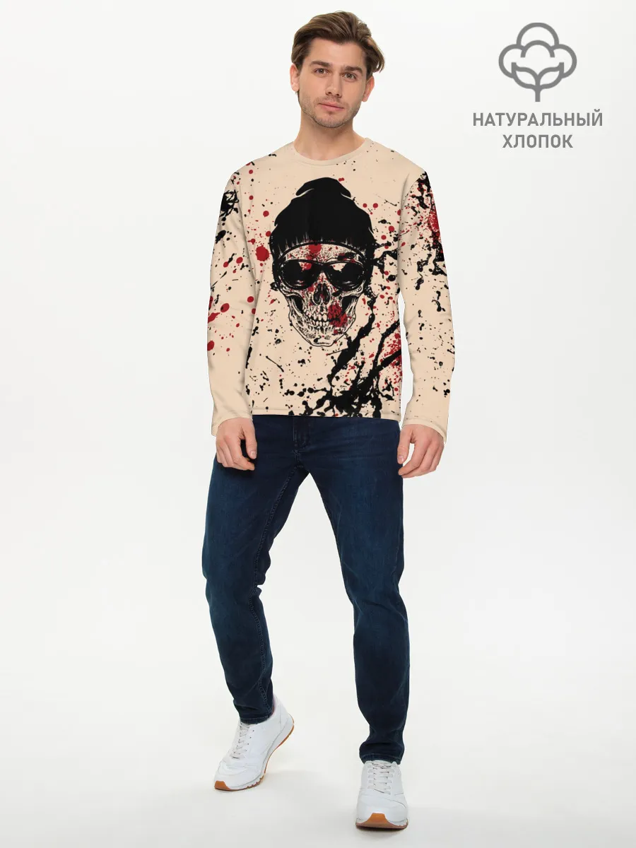 Мужской лонгслив базовый / Череп Хипстер Брызги Краски