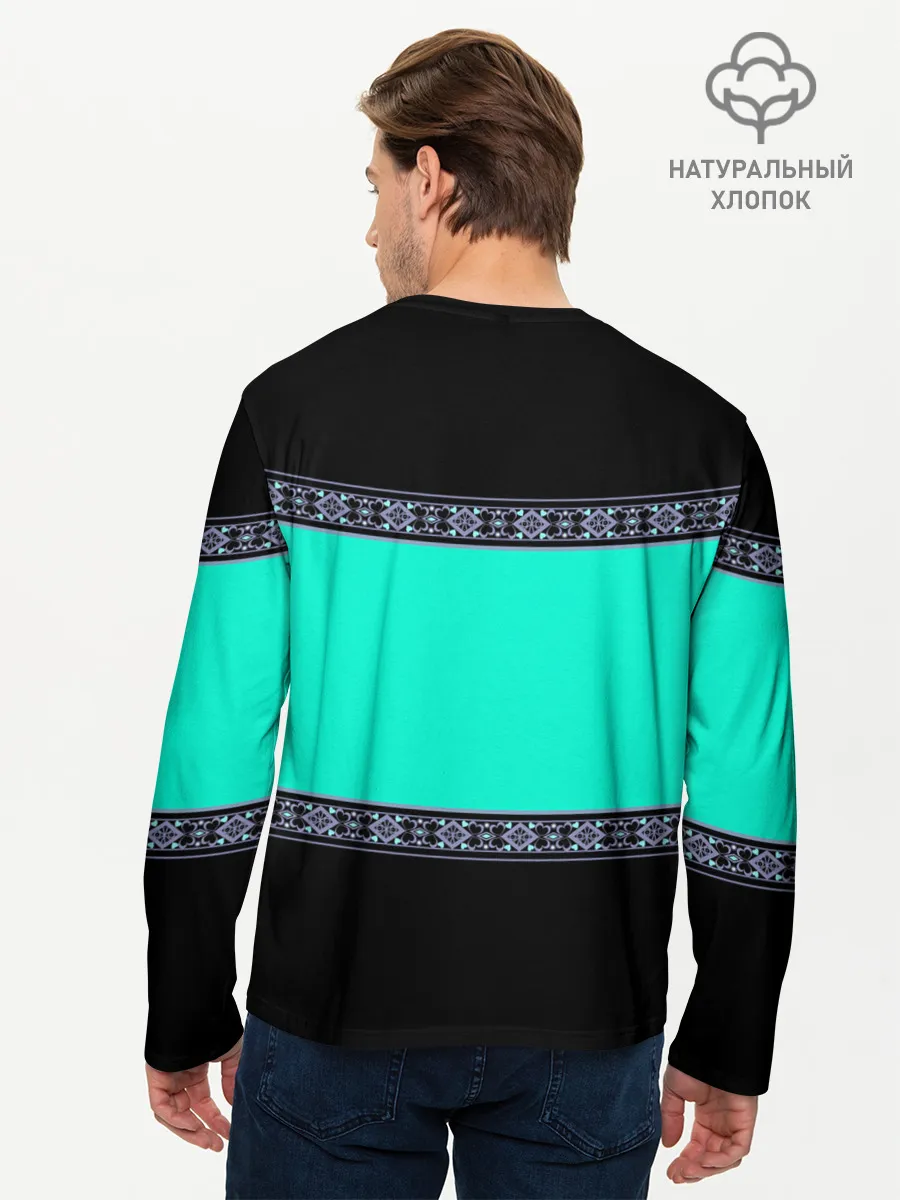 Мужской лонгслив базовый / Черно-бирюзовый узор