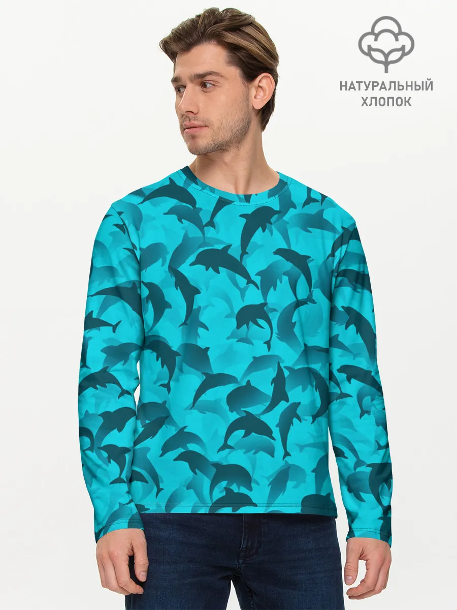 Мужской лонгслив базовый / Синий камуфляж с дельфинами