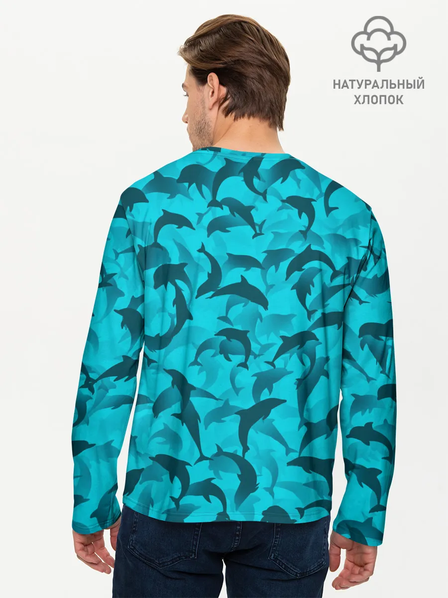 Мужской лонгслив базовый / Синий камуфляж с дельфинами