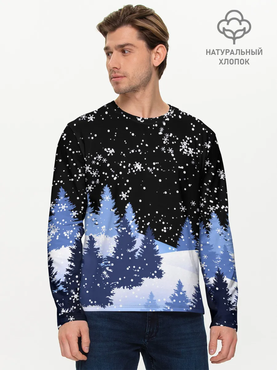 Мужской лонгслив базовый / Снежная ночь в зимнем лесу