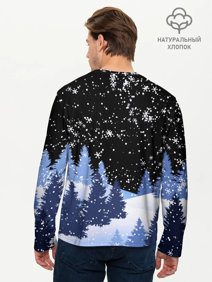 Мужской лонгслив базовый / Снежная ночь в зимнем лесу