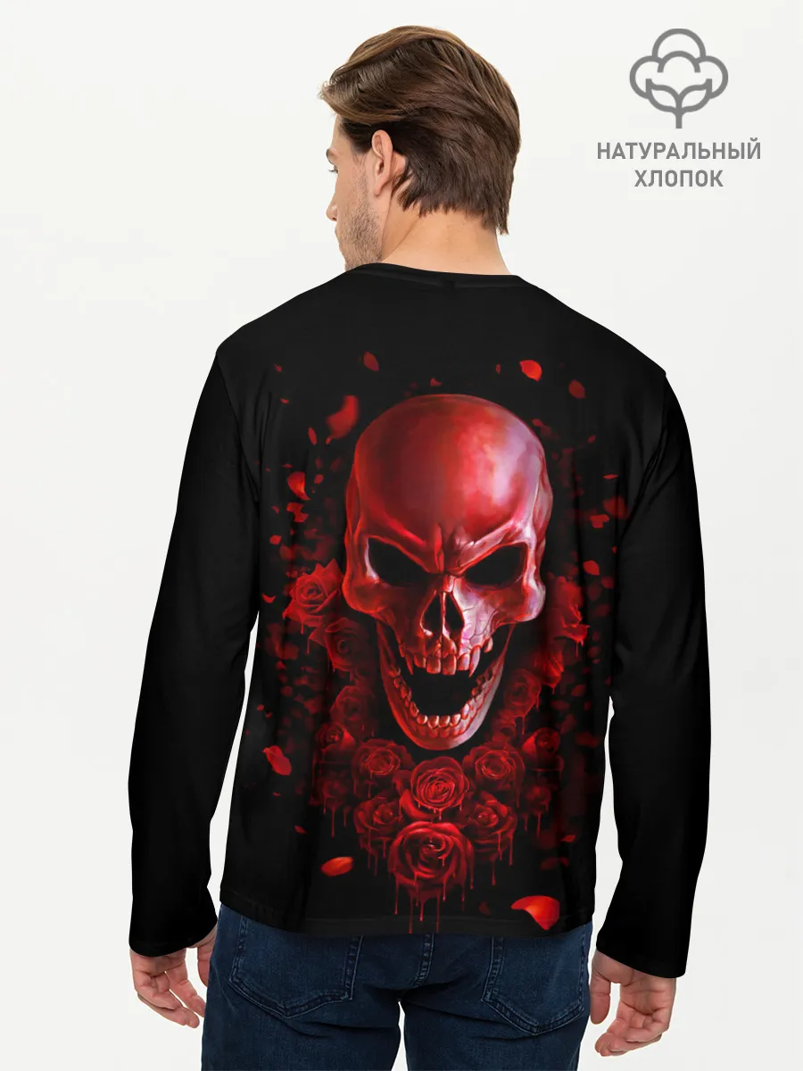Мужской лонгслив базовый / Красный череп в кровавых розах