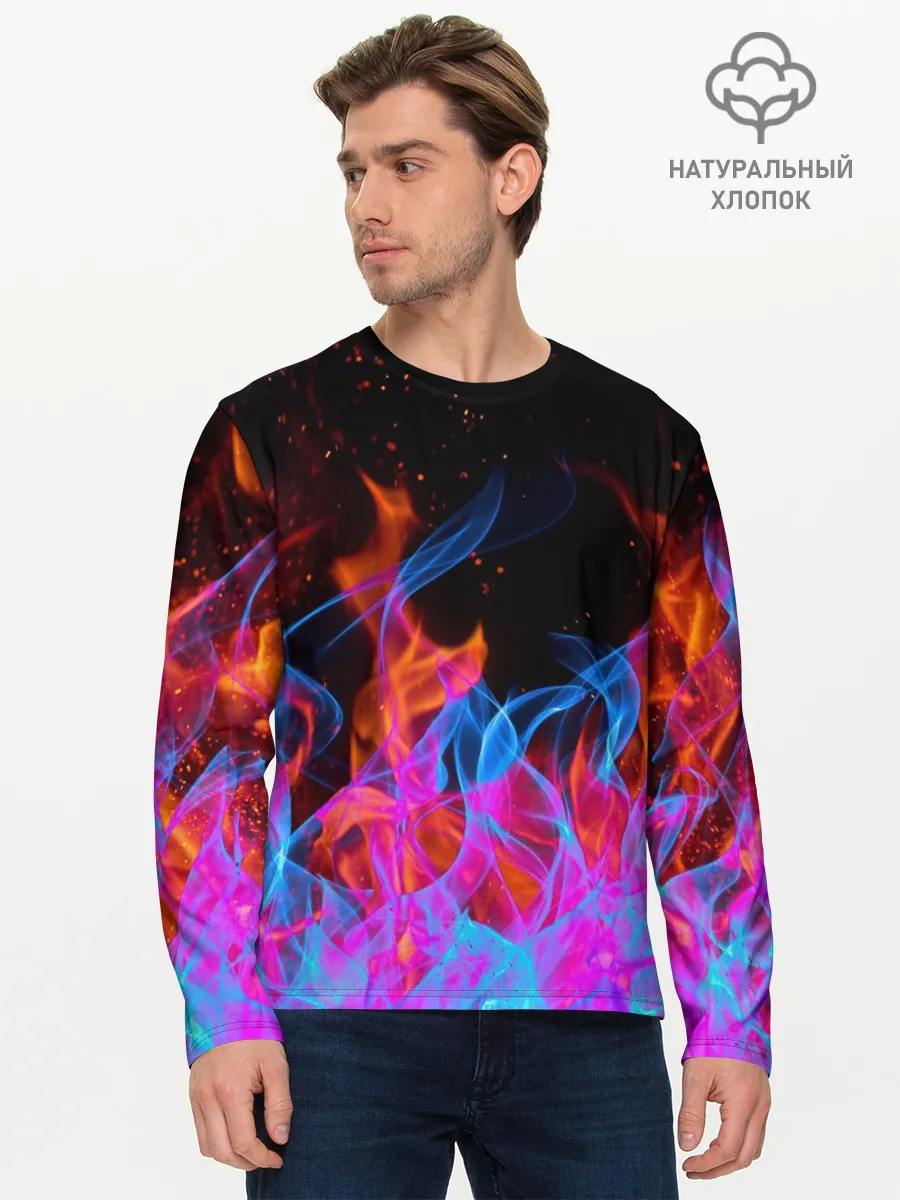 Мужской лонгслив базовый / ТРИ ОГНЯ / FIRE / СИНИЙ ОГОНЬ