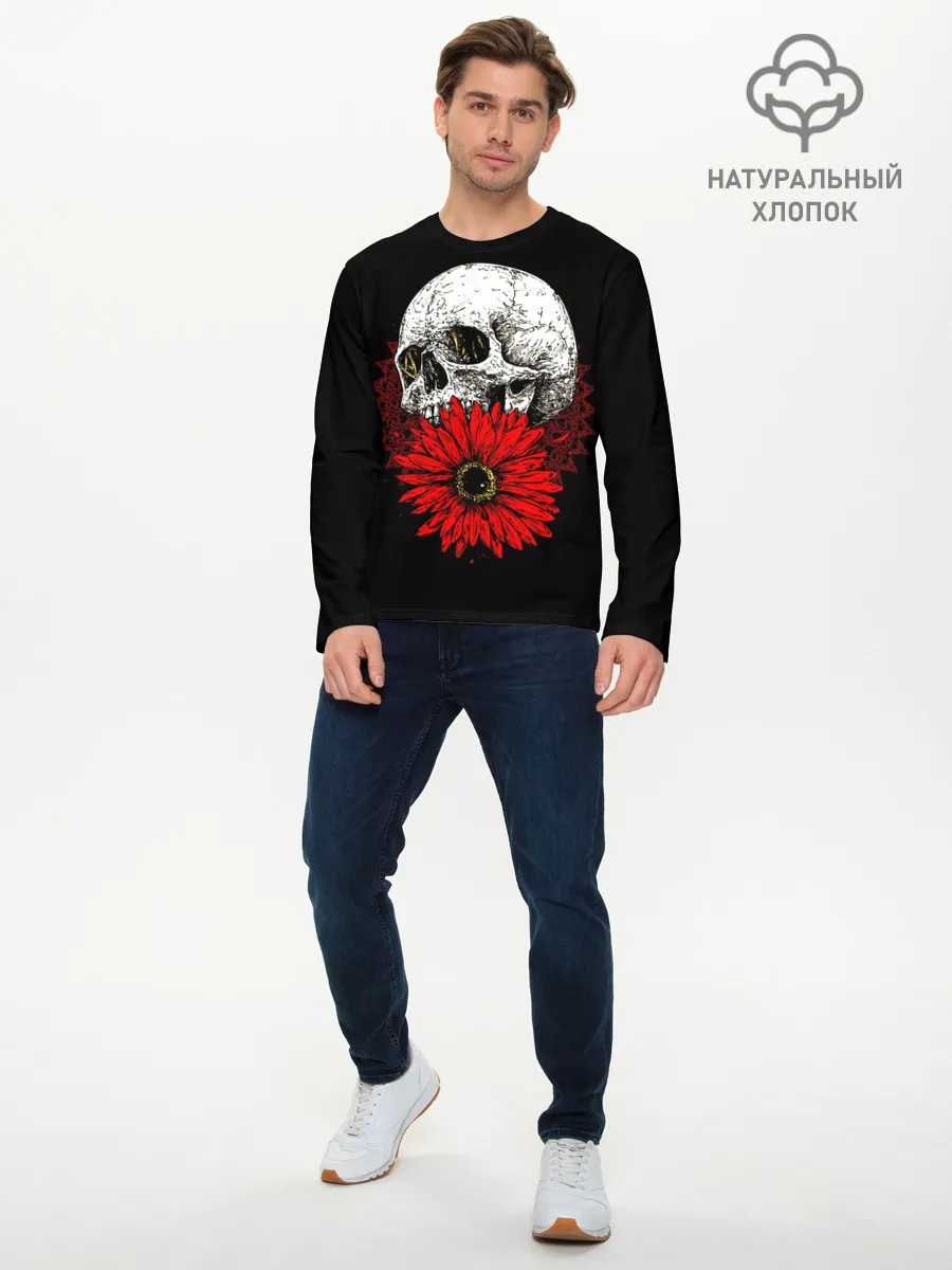 Мужской лонгслив базовый / Череп и Красный Цветок | Skull