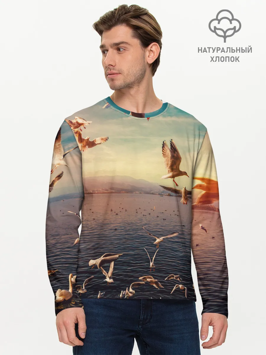 Мужской лонгслив базовый / Чайки на воде