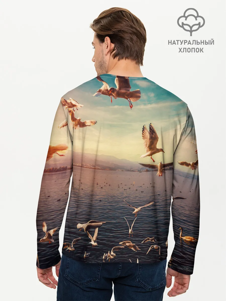 Мужской лонгслив базовый / Чайки на воде