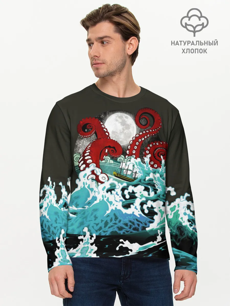 Мужской лонгслив базовый / Корабль на Волнах | Кракен