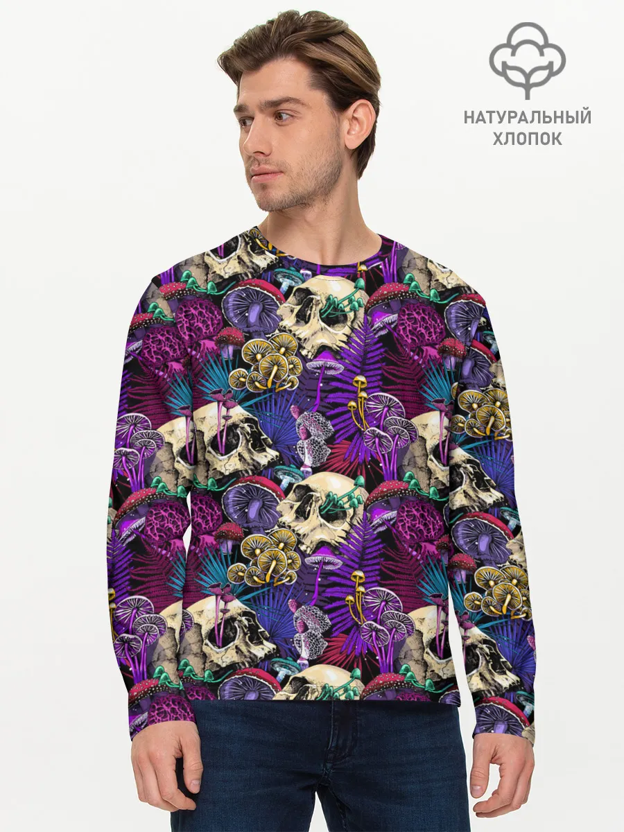 Мужской лонгслив базовый / Психоделика - черепа и грибы